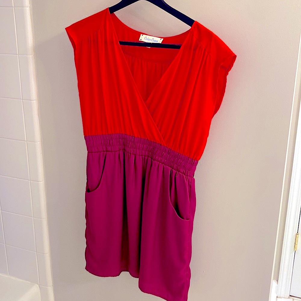 Color Block V Neck Dress | Size M | Orange & Purple